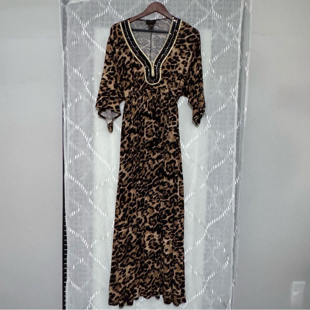 IMAN Animal Print Maxi Dress with Beaded Collar Gold and Black Details